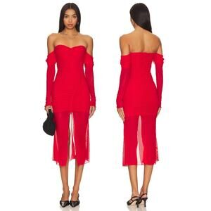 MAJORELLE Elise Midi Dress Strapless Mesh Ruched Cocktail Evening Party Cherry S